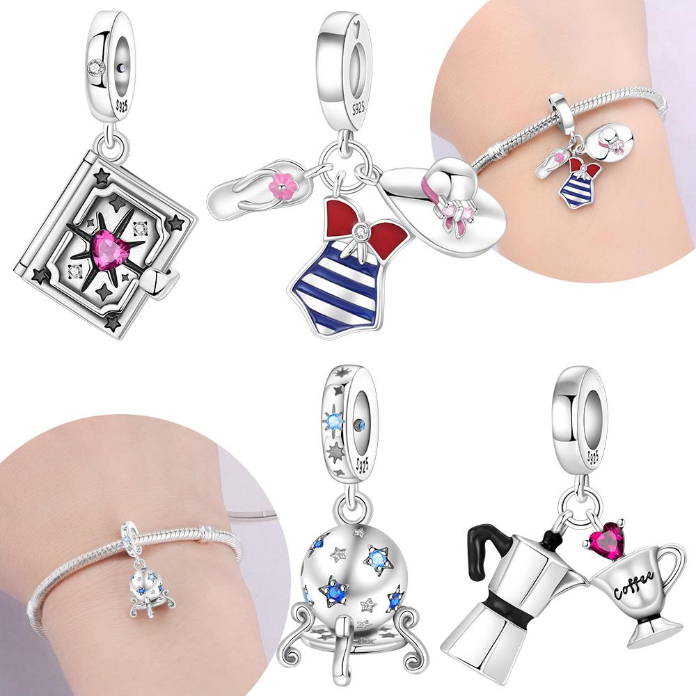 Charm-Perlen Anhänger Kupfer Authentisch Strandurlaub Set Anhänger Buch Topf Herz Tasse Zauberkugel Perlen Anhänger Kompatibel Mit Armbändern Schmuck für Frauen DIY G