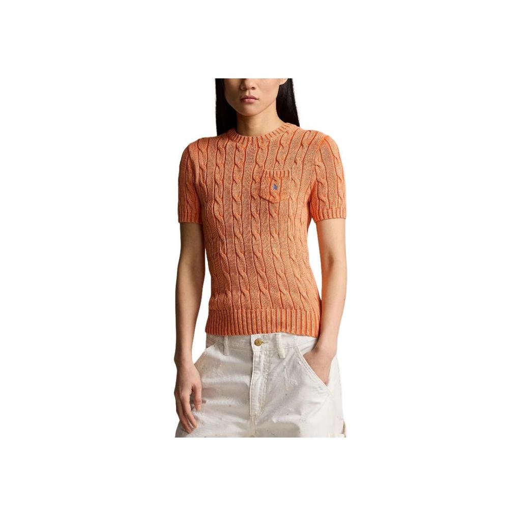 Polo Ralph Lauren Solid Color Crew Neck Logo Embroidered Cable Knit Short Sleeve Sweater Women Tops Orange 211910987-016