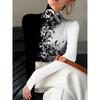 Elegant Floral Print Cheongsam Collar T-shirt, Suitable for Women - Long Sleeves - Suitable for Autumn and Winter