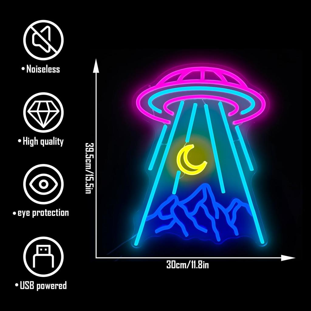 UFO Neon Sign for Wall Decor Alien Spaceship Mountain Neon Sign Dimmable Moon LED Neon Light Signs Light Up Sign for Bedroom Kids Space Game Room