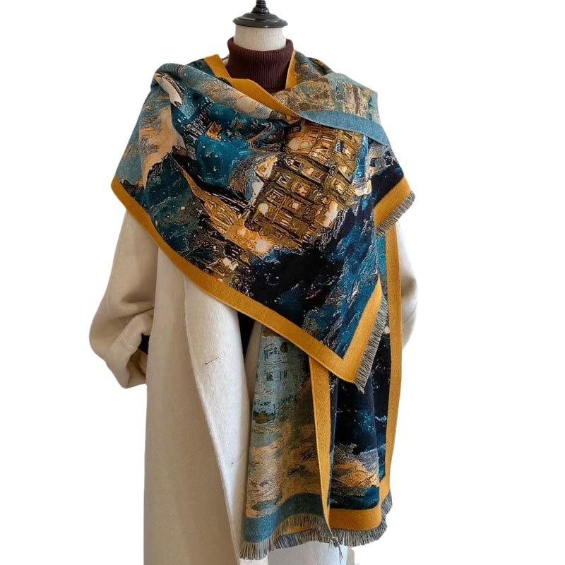 Autumn and winter new oil painting style double-sided jacquard scarf women's high-end sense versatile shawl scarf thickened warm scarf