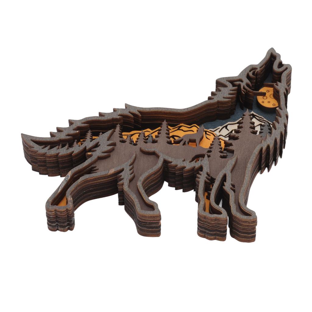 Wolf Refined Details Wooden Statue Good Decoration Hollowed Multilayer Wolf Figurine With String