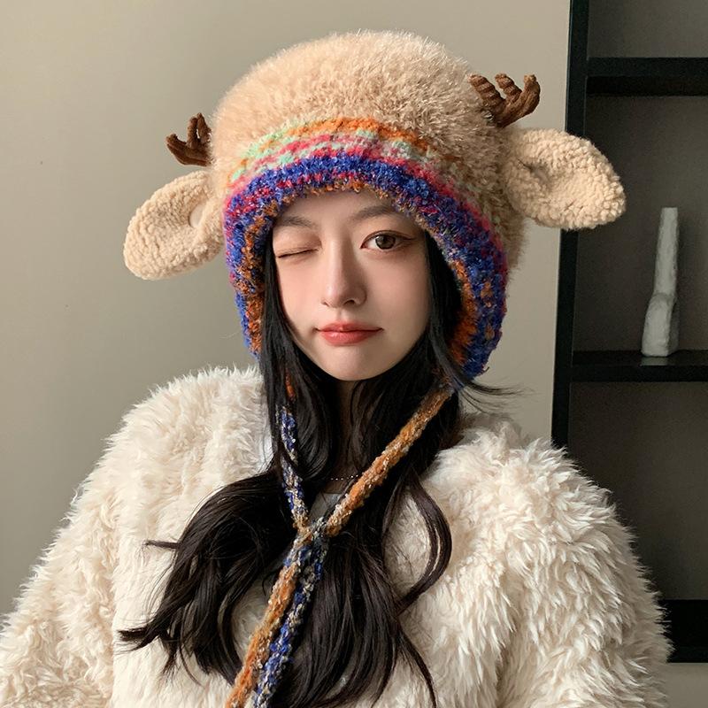 Women S Cute Antler Plush Hat Winter Warm Ear Flap Knit Beanie