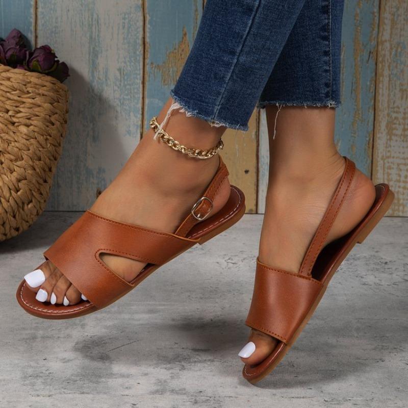 Dámské letní sandály s přezkou na jedné noze, velké velikosti, ploché, jednobarevné, kulaté, s jedním slovem, s přezkou, svrchní oblečení, ležérní dámské boty