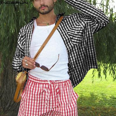 Men Spring Striped Shirts Lapel Long Sleeve Print Casual Tops