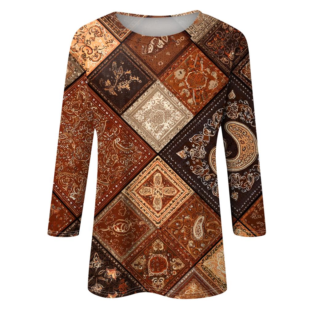 Women's Fashion Casual Round Neck Three-quarter Sleeve Retro Floral Print T-shirt Top