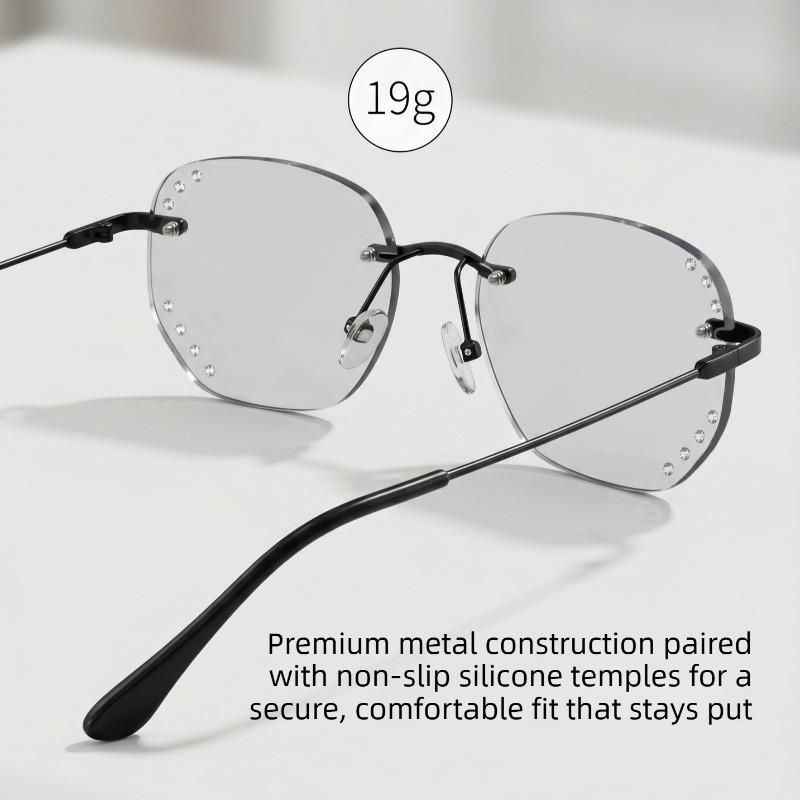 Stylish Rimless Photochromic Glasses , Rhinestone Decor Anti Blue Light Eyewear for Women, Adjustable Lens Strength 0 To -4.0, Ideal Holiday Gift