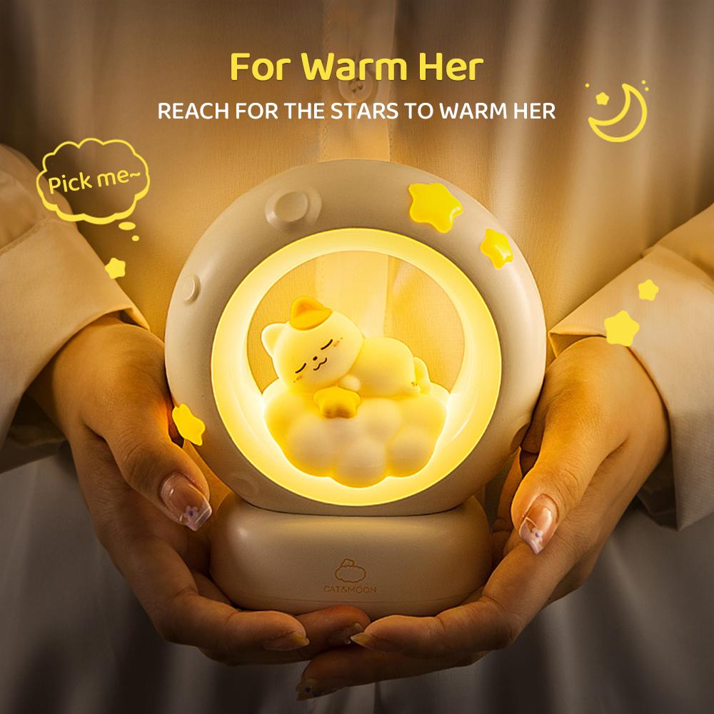 Veilleuse Chat Mignon Dessin Animé Créatif Décoration d'Ambiance Ornements pour Chambre d'Enfant Chevet Rechargeable Lumières LED Douces Cadeau