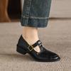 Krazing Pot Sheepskin Round Toe Thick Med Heels Spring Shoes Slip on Big Size 42 Loafers Women Metal Buckle Pleated Pumps