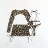 European And American Leopard Print Lace-Up Sexy Bikini Split Four-Piece Swimsuit Long-Sleeved Sunscreen Skirt Hot Spring Swimsuit