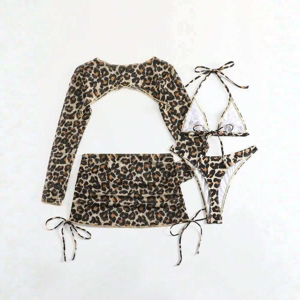 European And American Leopard Print Lace-Up Sexy Bikini Split Four-Piece Swimsuit Long-Sleeved Sunscreen Skirt Hot Spring Swimsuit