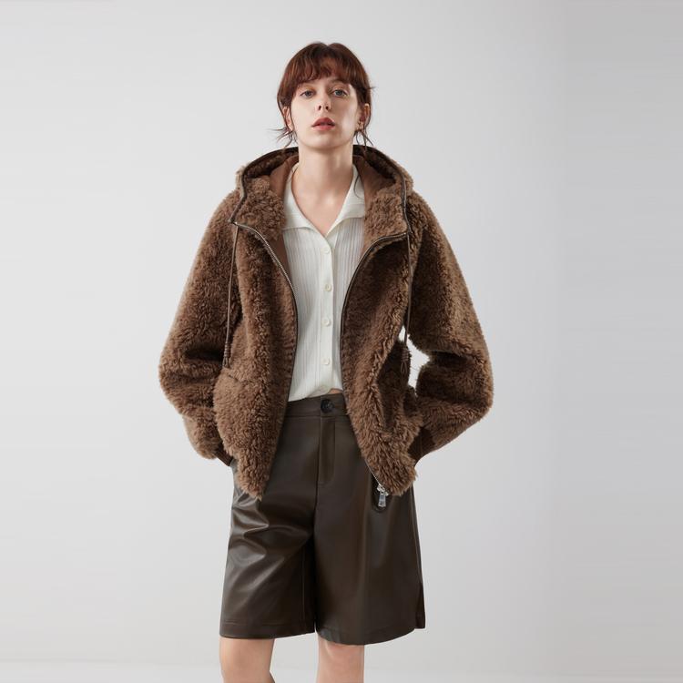 ELLE French Vintage Casual Loose Versatile Hooded Zipper Long Sleeve Faux Lamb Wool Coat Women Outerwear EF52661