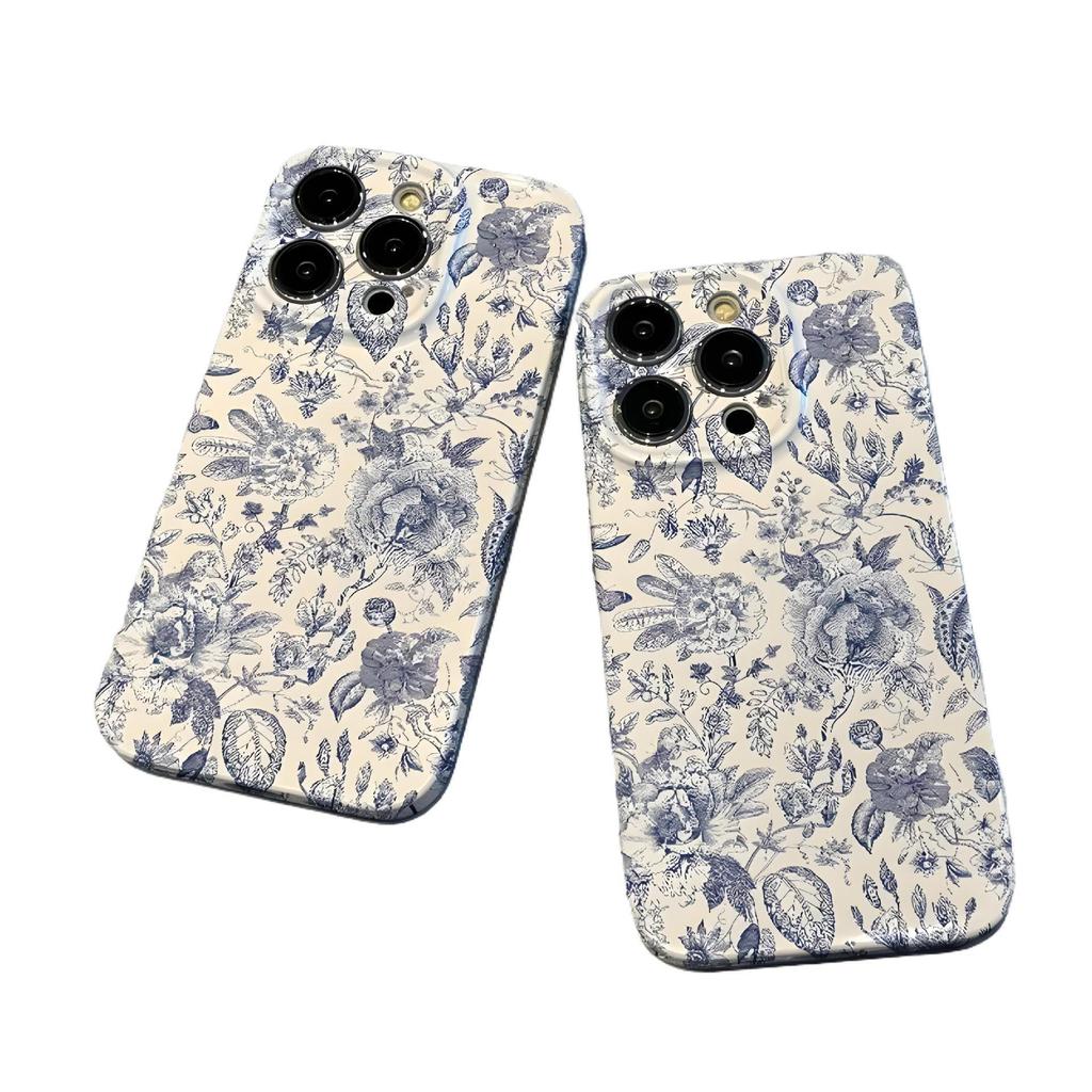 Retro National Style Flower Illustration Iphone16 Mobile Phone Case 17promax Fine Hole Film Case 14 Anti-drop Protective Case