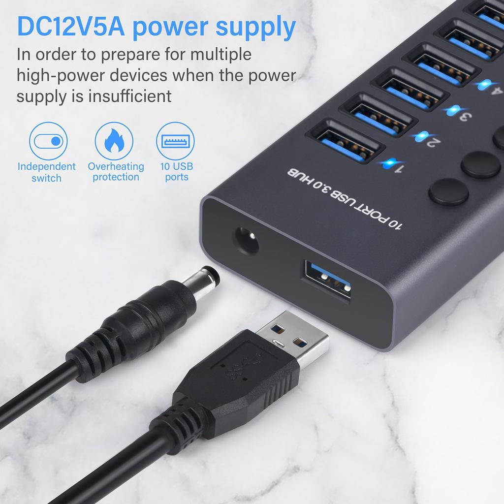985A 10 Port USB 3.0 Hub USB Splitter Hub USB Docking Station 300MB S High Speed Transmit with Individual Switches 12V