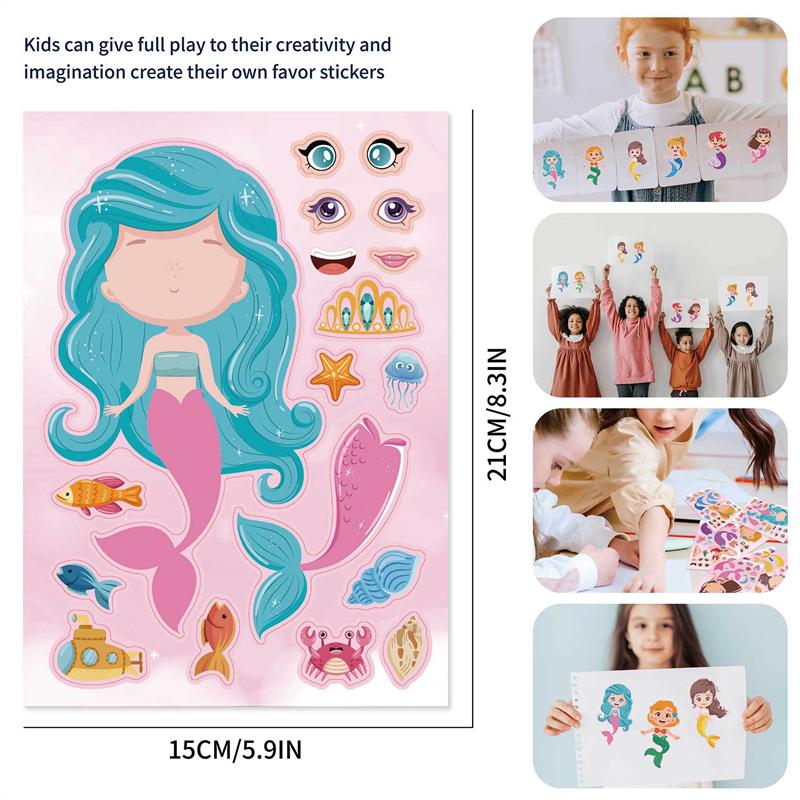 6/12/24 Sheets Little Mermaid DIY Puzzle Stickers Funny Make A Face Assemble Sticker Kids Birthday Party Favors Pinata Filler