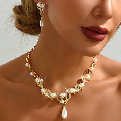 Faux Pearl Jewelry Set (Necklace+Earrings) Gold-Tone for Women Party Wedding Evening Accessories Product Description