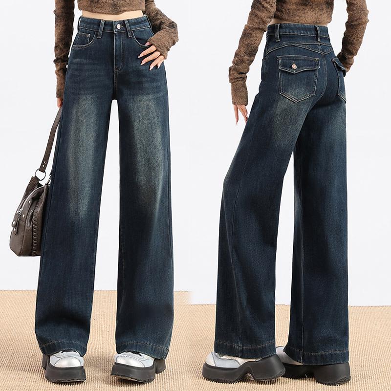 Petite Women's Fleece-Lined Wide-Leg Jeans: Slim-Fit, Stretchy, Fashionable, and Personalized for Autumn/Winter.