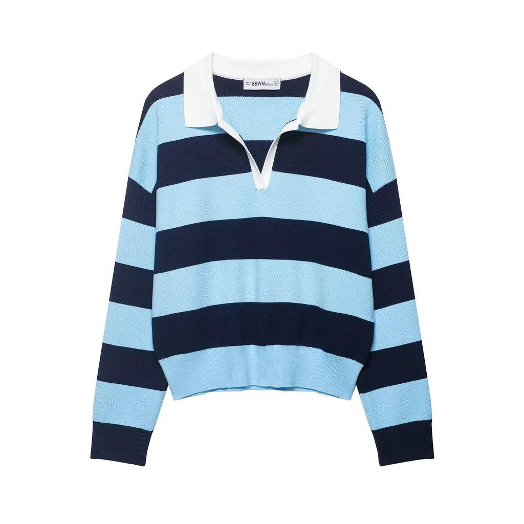 Spring 2026 Women's European & American Striped Lapel Knit Pullover Sweater