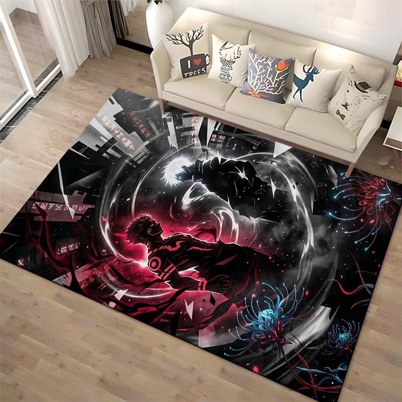 "Anime Style Rug with Character Silhouettes and Fiery Red & Black Design" Suitable for Use As an Anti-slip for Living Room Bedroom Sofas