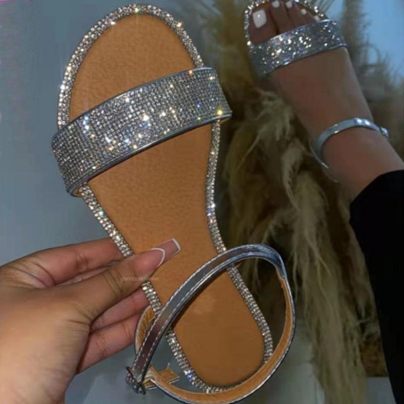 Large size sandals women's summer new European and American large size flat-bottomed open-toe one-word buckle rhinestone women