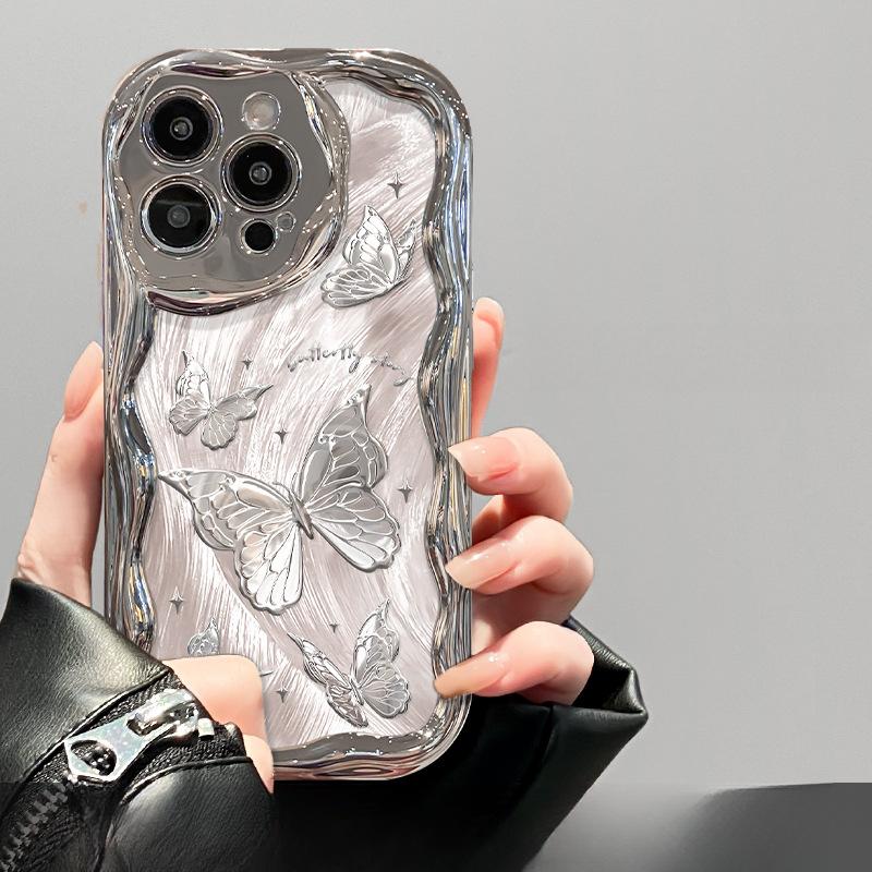 Applicable To Apple 15 Mobile Phone Case IPhone 14 Feather Yarn Butterfly Chain 13promax Electroplated Silver 12 Silicone Anti-fall