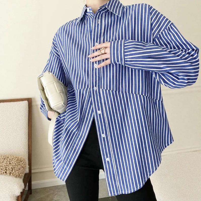 Damenhemd im koreanischen Stil, blau gestreift, locker - Frühjahrskollektion