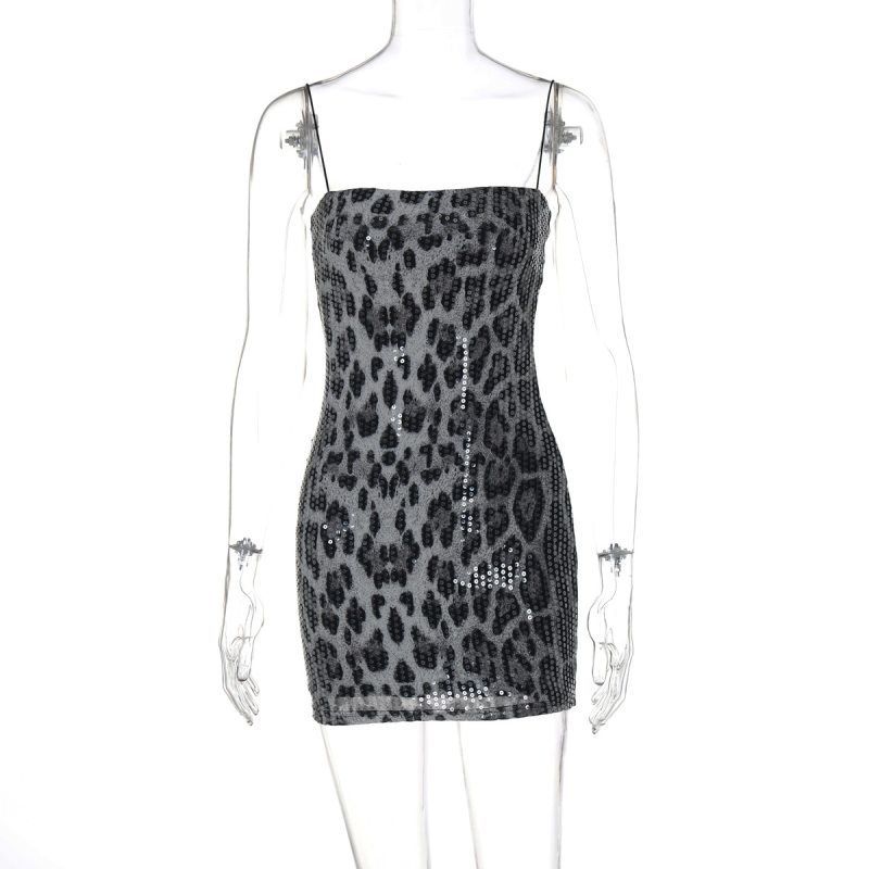 

Elsa European and American Sexy New Arrival Fashion Leopard Print Print Street Style Sexy Nightclub Easy Matching Sling Beaded Dress Black XS