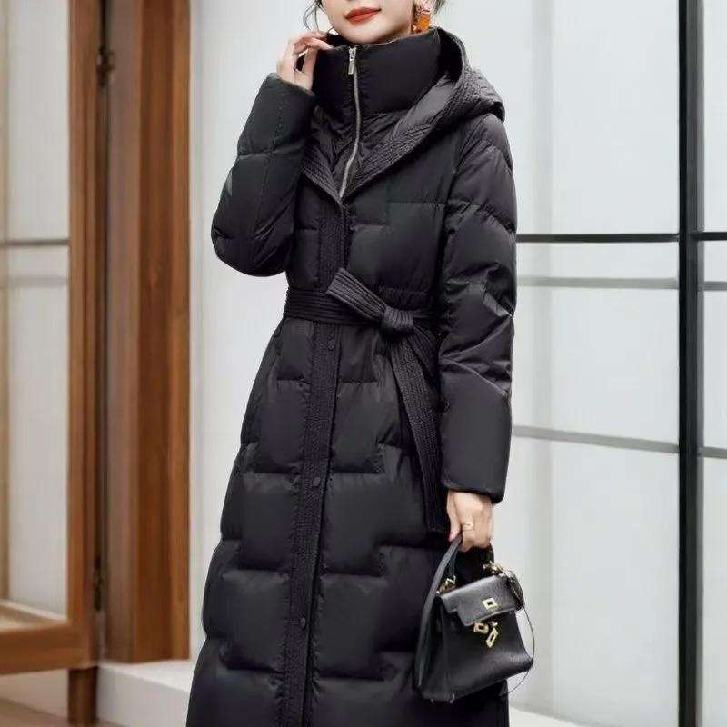 Zimní dámský kabát s kachním peřím, dámský s kapucí, na zip, dlouhý svrchní oděv, ležérní, tlustý, teplý, jednobarevný kabát s páskem