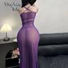 Smoke sexy underwear charm lace perspective mesh deep V-neck pajamas temperament bow suspenders nightgown uniform