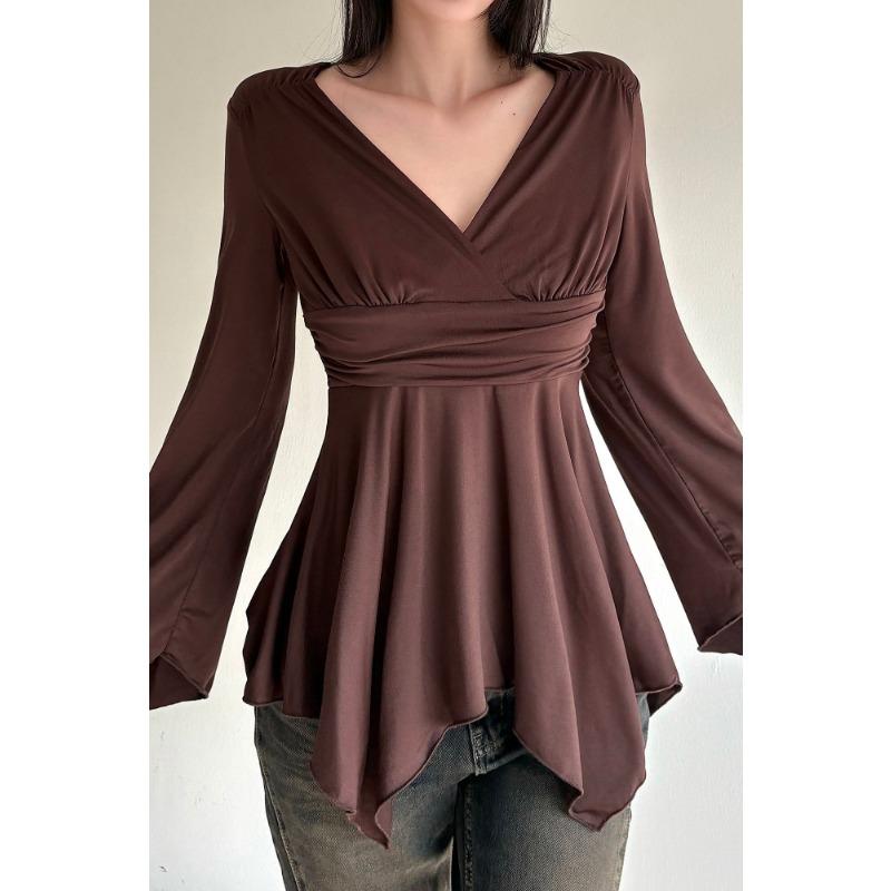 

Женская коричневая блузка с длинным рукавом, V-образным вырезом, сборкой на талии и расклешенным подолом, повседневный топ S коричневый