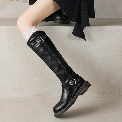 Autumn and Winter Women's Knight Boots Thick-soled New Large-size Leather Boots Round Head Low Heel Square Heel Comfortable Side Zipper High Boots