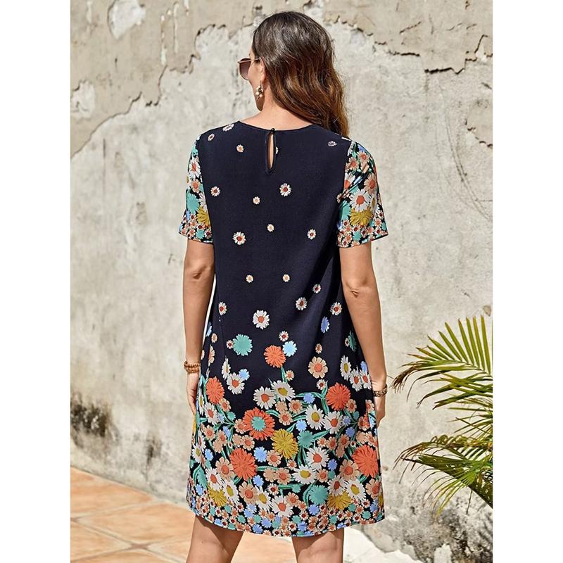 Fashion Short Sleeve Printed Loose Women's Dresses Summer Round Neck Elegant A Line Casual Floral Dress Ladies Vintage Slim Fit Female Dress 26176