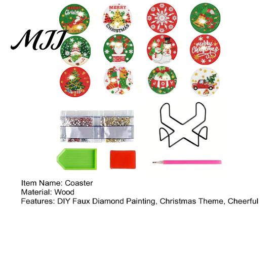 Creative Desktop Ornament Sets 12 Pcs Christmas Faux Diamond Painting Art Coasters, DIY Rhinestone Coasters Drill Crafts for Adults Kit with