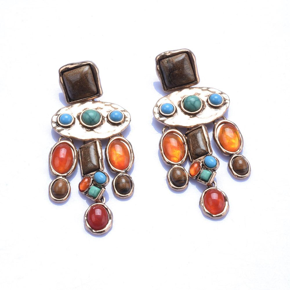 Baroque Luxury Vintage Mixed Gemstone Earrings, Geometric Pendant Dangle Earrings For Women