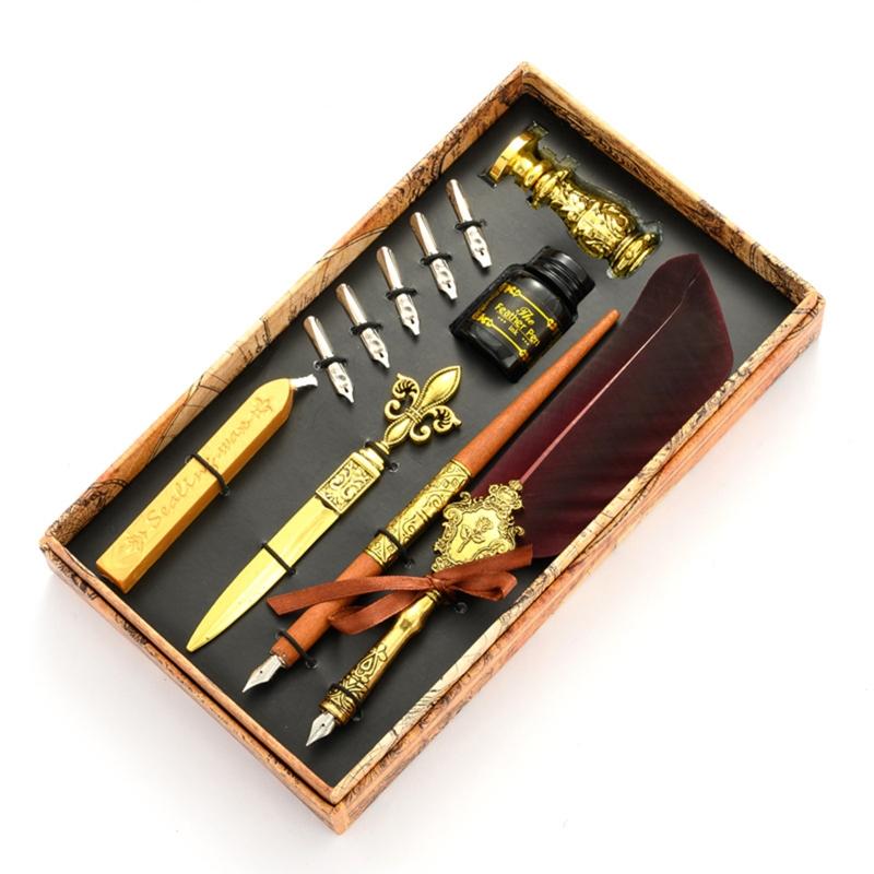 European Style Alloy Vintage Feather Pen Set Fountain Dip Feather Pen Set