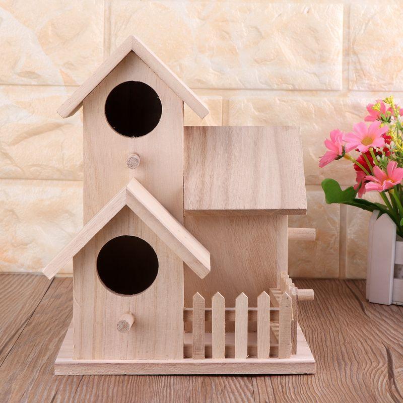 For Creative Wooden Bird House Breeding Cage Box Feeding Nest Garden Backyard Pendant Simulation Fence Birdhouse Decorat X3UC