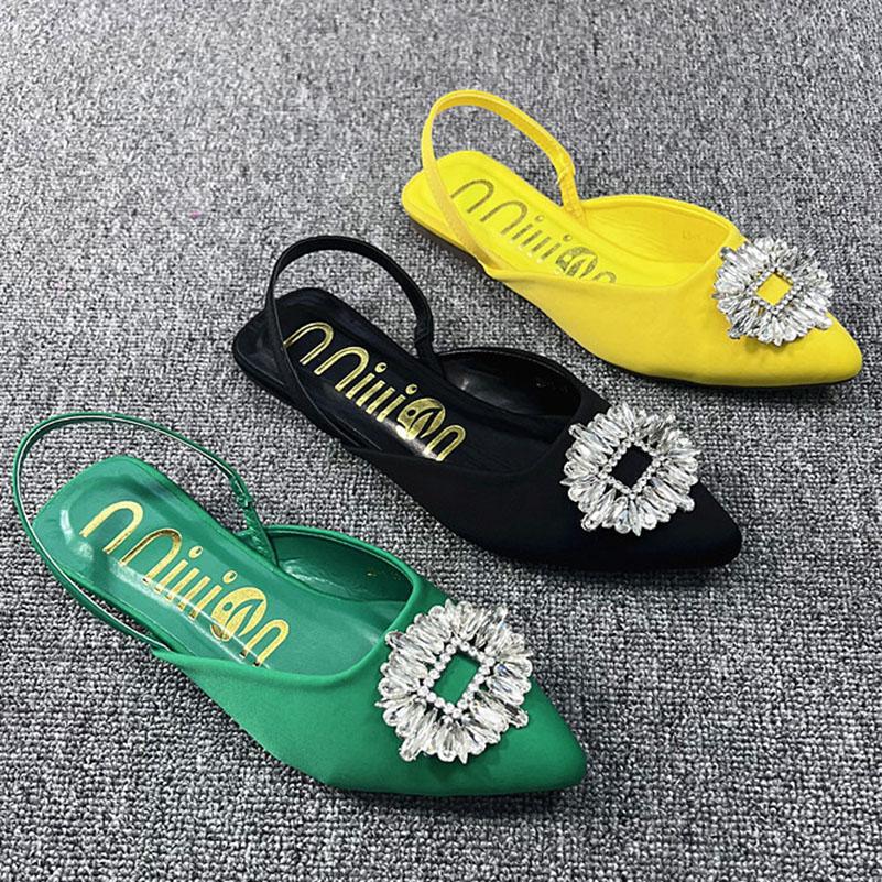 

Summer Fashion Women Flats Slippers Pointed Toe Rhinestone Satin Crystal Slides Lady Slingback Sandals Yellow Green Shoes