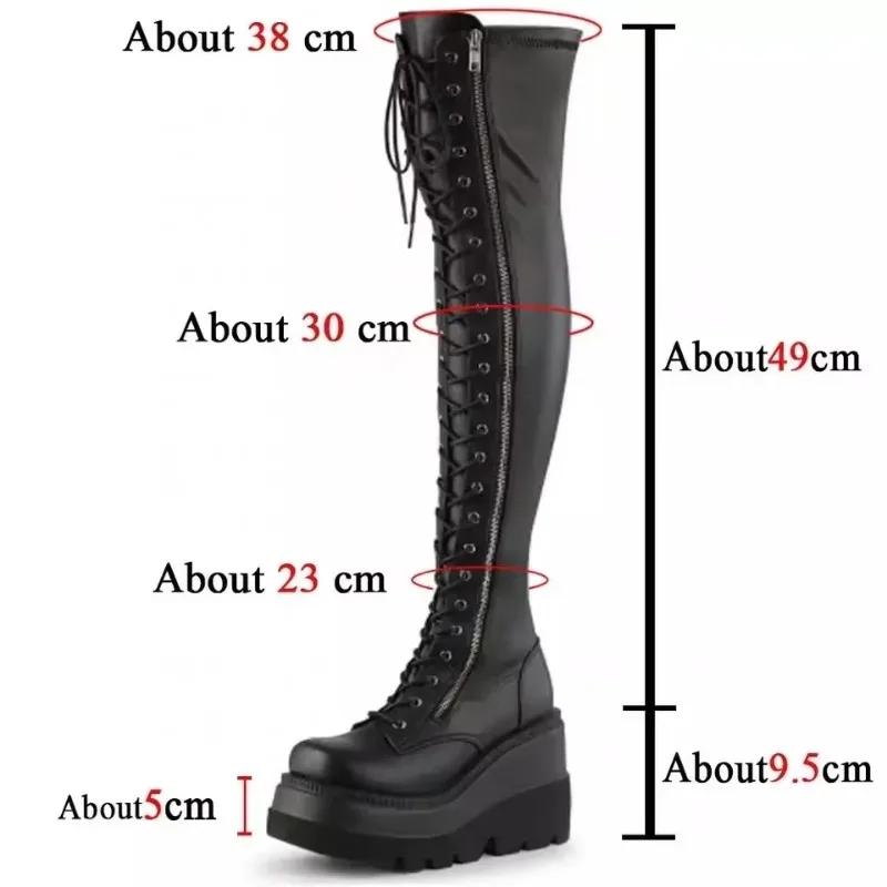 Gothic Overknee Stiefel Damen Plateau Wedges Motorradstiefel Overknee Army Stripper Heels Punk Schnürgürtel Schnalle Lang