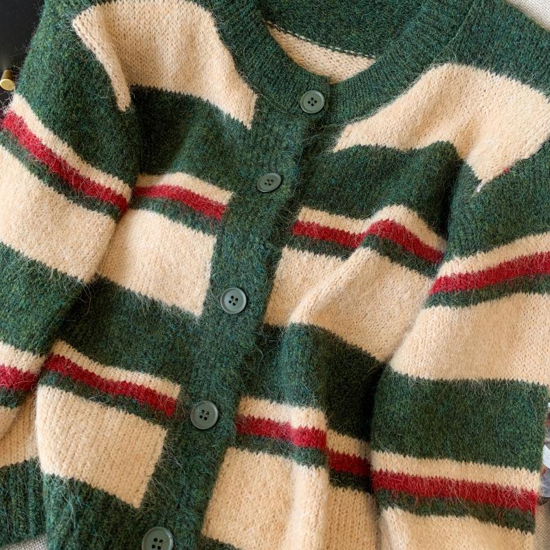 Vintage Color Block Stripe Knit Cardigan: Women's Soft, Thickened Warm Sweater Short Jacket