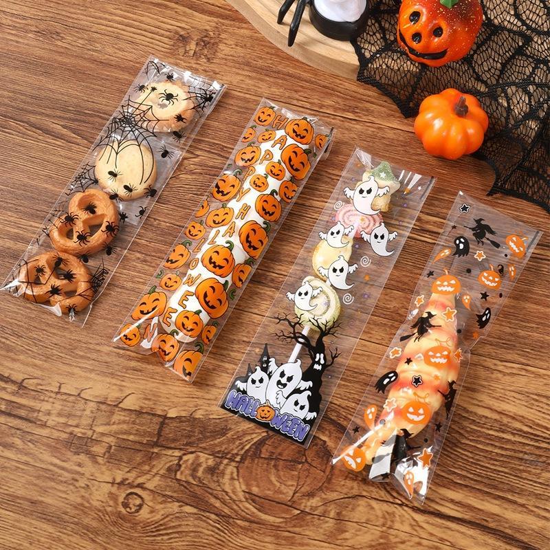 50/100Pcs Halloween Self Adhesive Bags Pumpkin Ghost Printed Clear Packaging Bags For Candy Biscuits Baking Food Wrapper