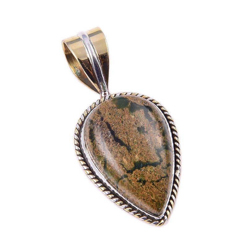 Natural Rhyolite Gemstone 925 Solid Sterling Silver Two Tone Pendant 1.50'' H1N87