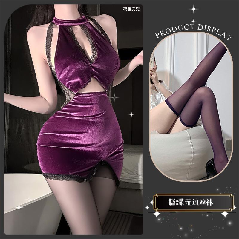 Sexy underwear sexy hot lace splicing velvet temperament gathering and thin purple classical neck cheongsam