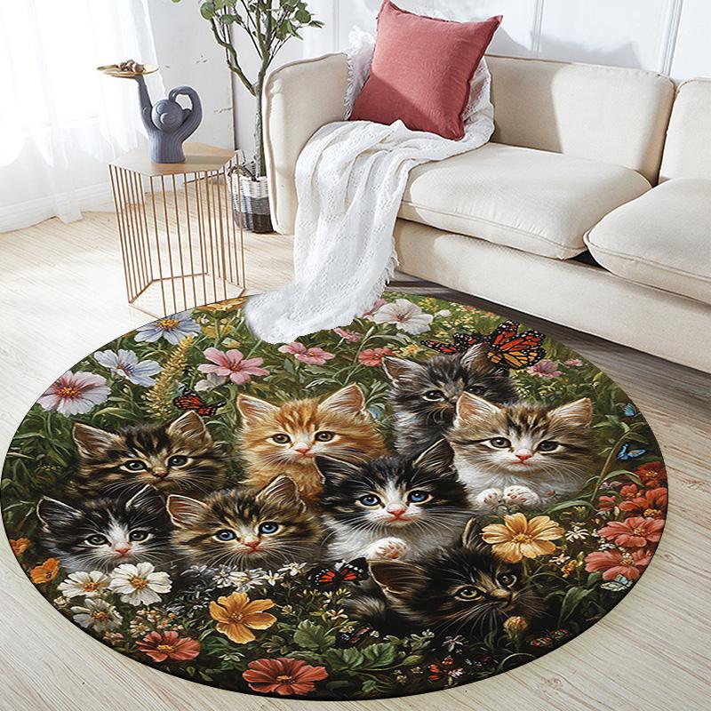 Kittens in Flowers Round Area Rug,Carpet Rug for Living Room Bedroom Sofa Playroom Decor,Non-slip Floor Mat