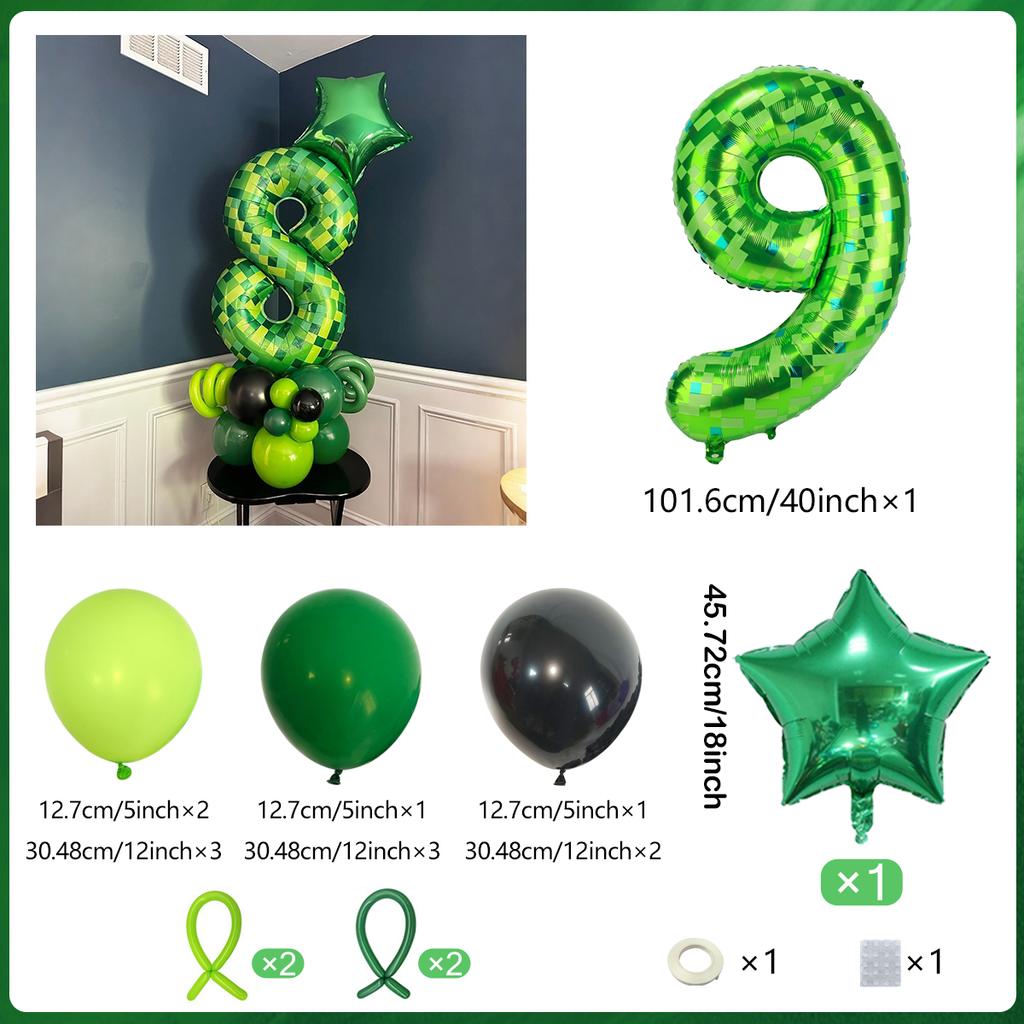 40 inch green pixel digital balloon set (0-9) pentagram aluminum foil balloons for decorating boys and girls' birthday parties