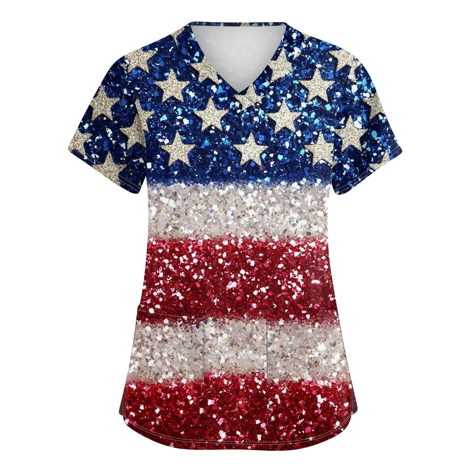 

Женская мода V-образный вырез короткий рукав рабочая одежда с карманами День независимости принтованные топы XL белый