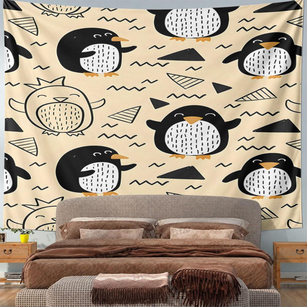 Cute Cartoon Penguins with Geometric Patterns Pattern Wall Hanging Tapestry Decorative Tapestry Home Decor for Bedroom and Living Room