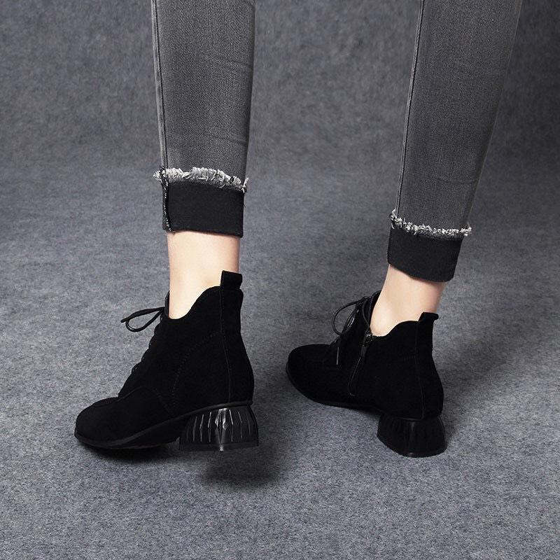 Women's boots 2025 autumn and winter new lace-up foreign black Martin boots straps matte sheepskin round head side zipper short boots