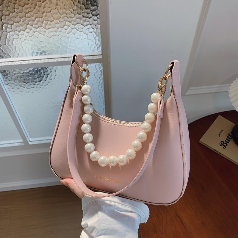 Pink Soft Leather Hobo Shoulder Bag For Women Elegant Style Underarm Bag With Pearl Decorated Chain And Wide Strap For Daily Use