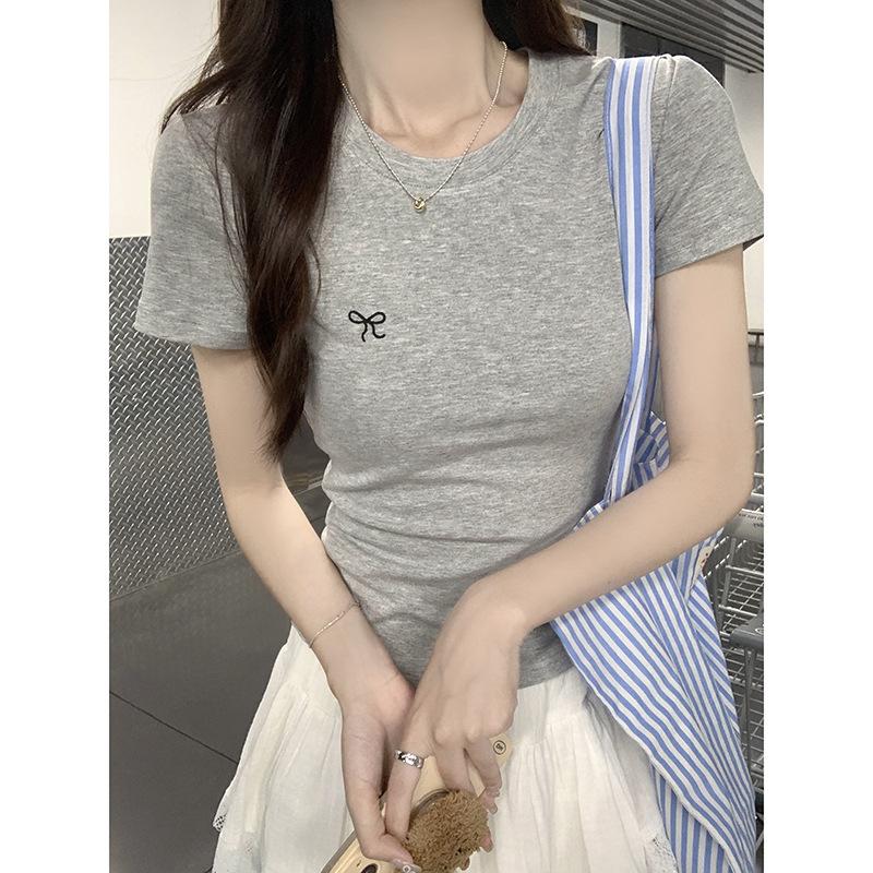 Bow Embroidered T-shirt Summer Student Round Neck Bottom Top