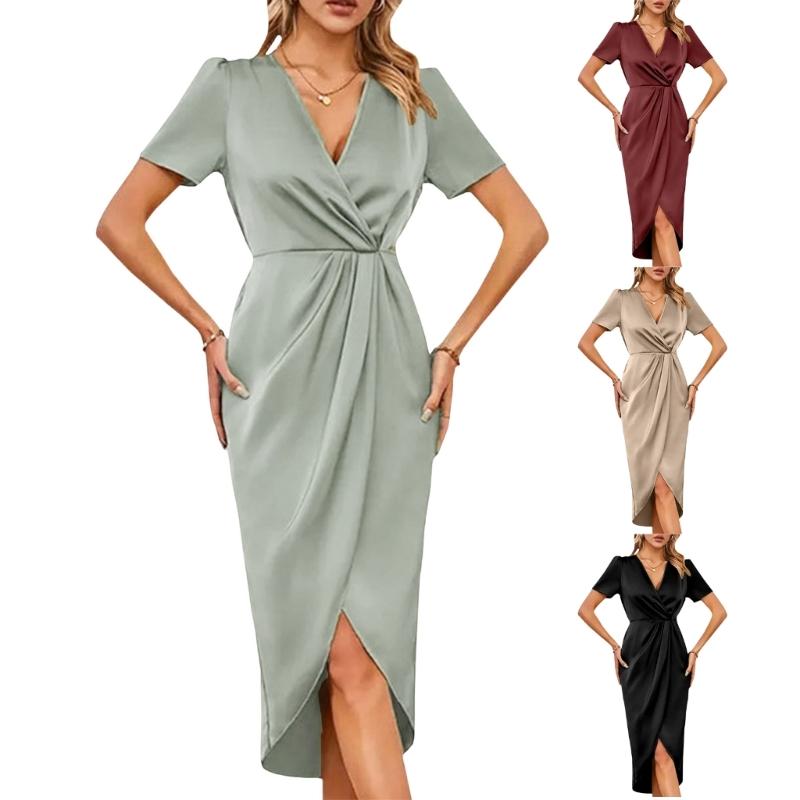 Elegant Wrap Dress for Women Satins V Neck Short Sleeve Midi Long Slit and Pleated Detail Gown for Party Gatherings